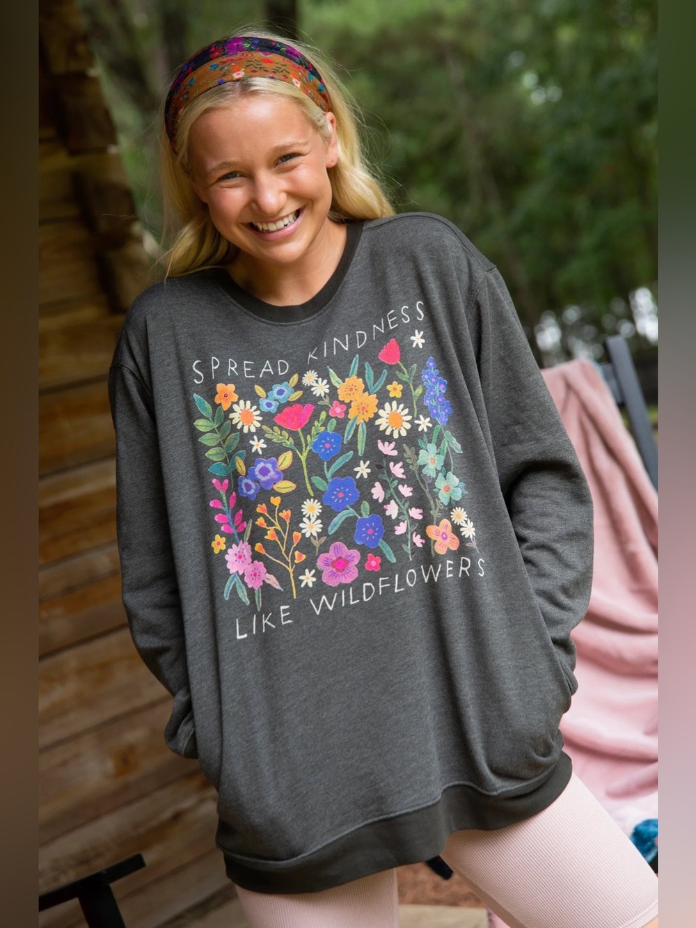 Natural Life Comfy Pocket Pullover Sweatshirt Kindness Wildflowers Gray Medium